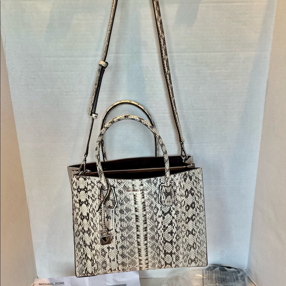 Michael Kors Mercer Snake Skin Leather Natural Tote Large Shoulder Bag Handbag